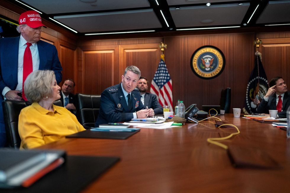 Donald Trump holds a meeting with White House Chief of Staff Susie Wiles, Chairman of the Joint Chiefs of Staff General Dan Caine and other cabinet members in the Situation Room at the White House