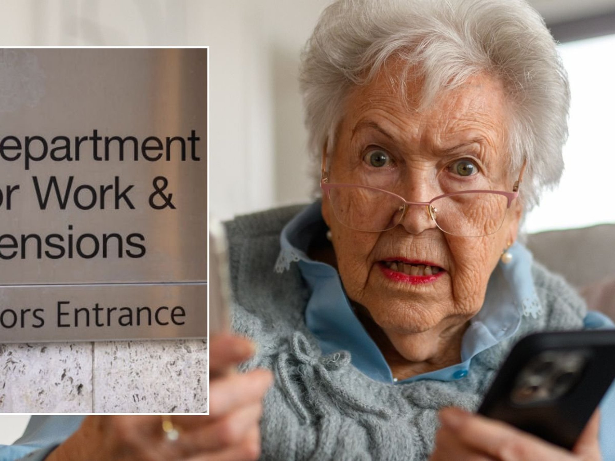 DWP logo and pensioner holding phones
