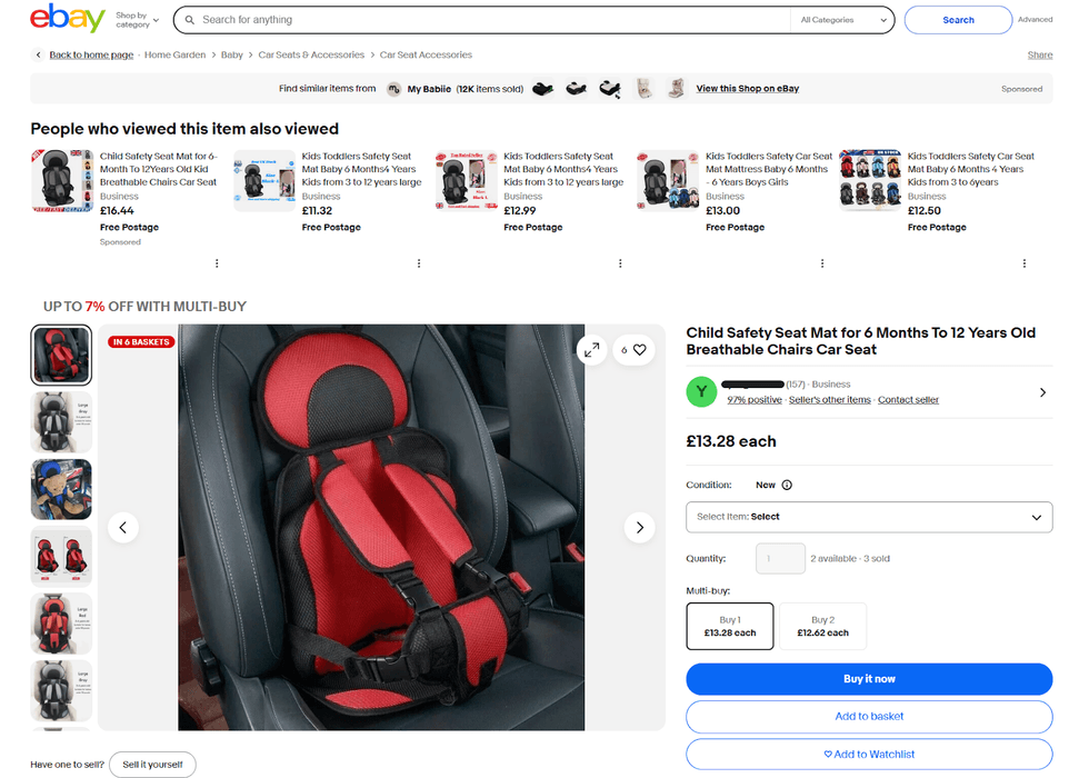 eBay listing of a potentially dangerous car seat