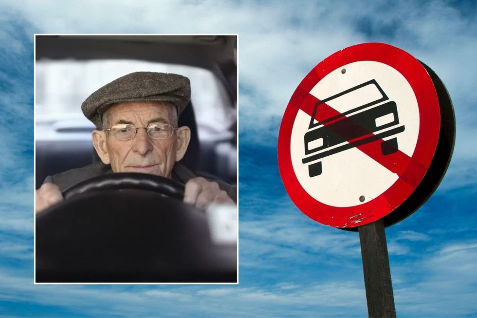 Elderly driver and a car ban sign