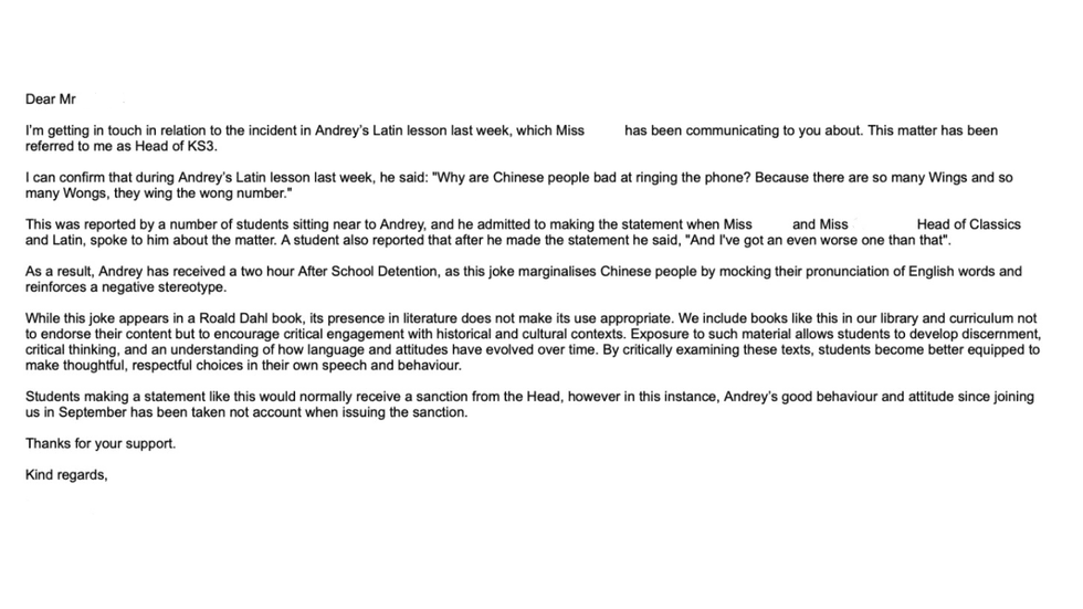 Email from school to Greg