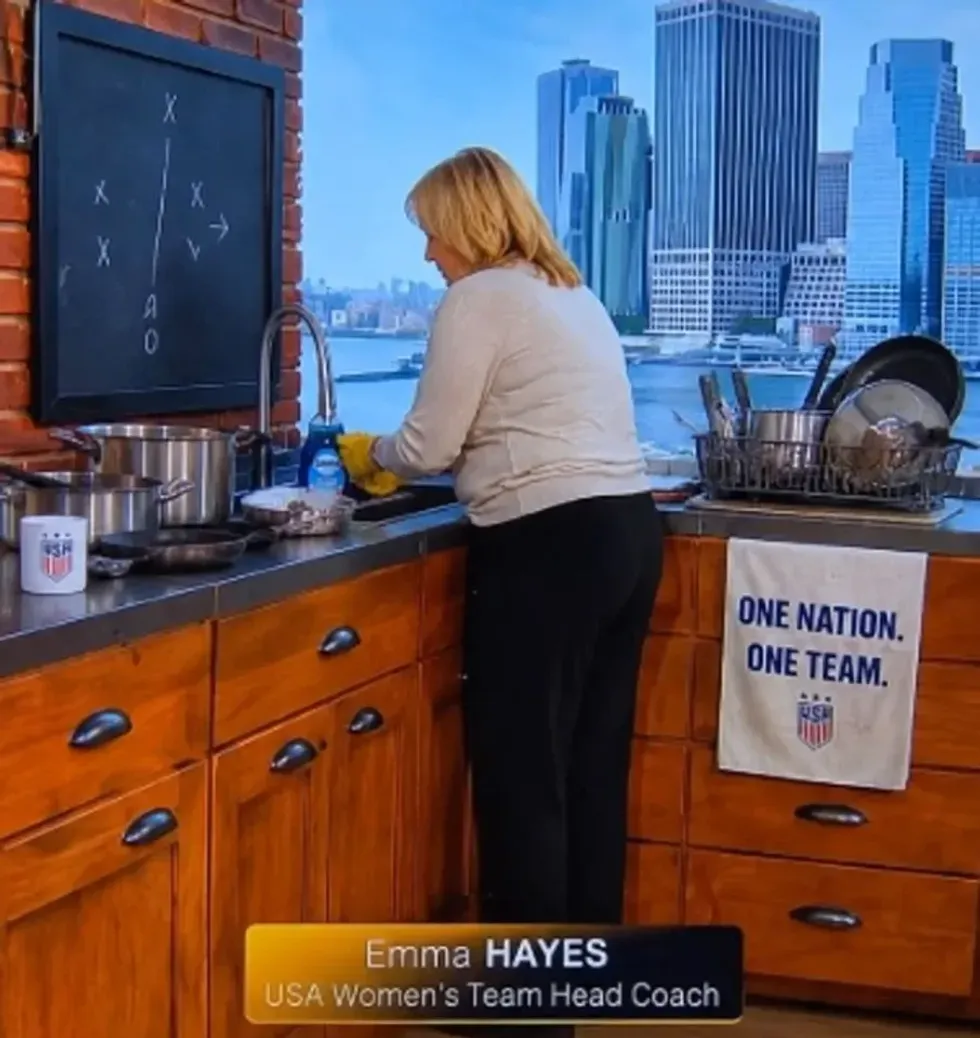 Emma Hayes provided analysis from a bizarre set during England's World Cup win over Croatia
