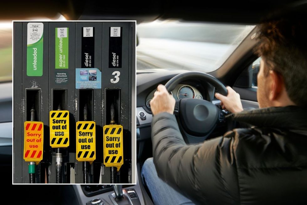 Empty fuel pumps and a man driving a car