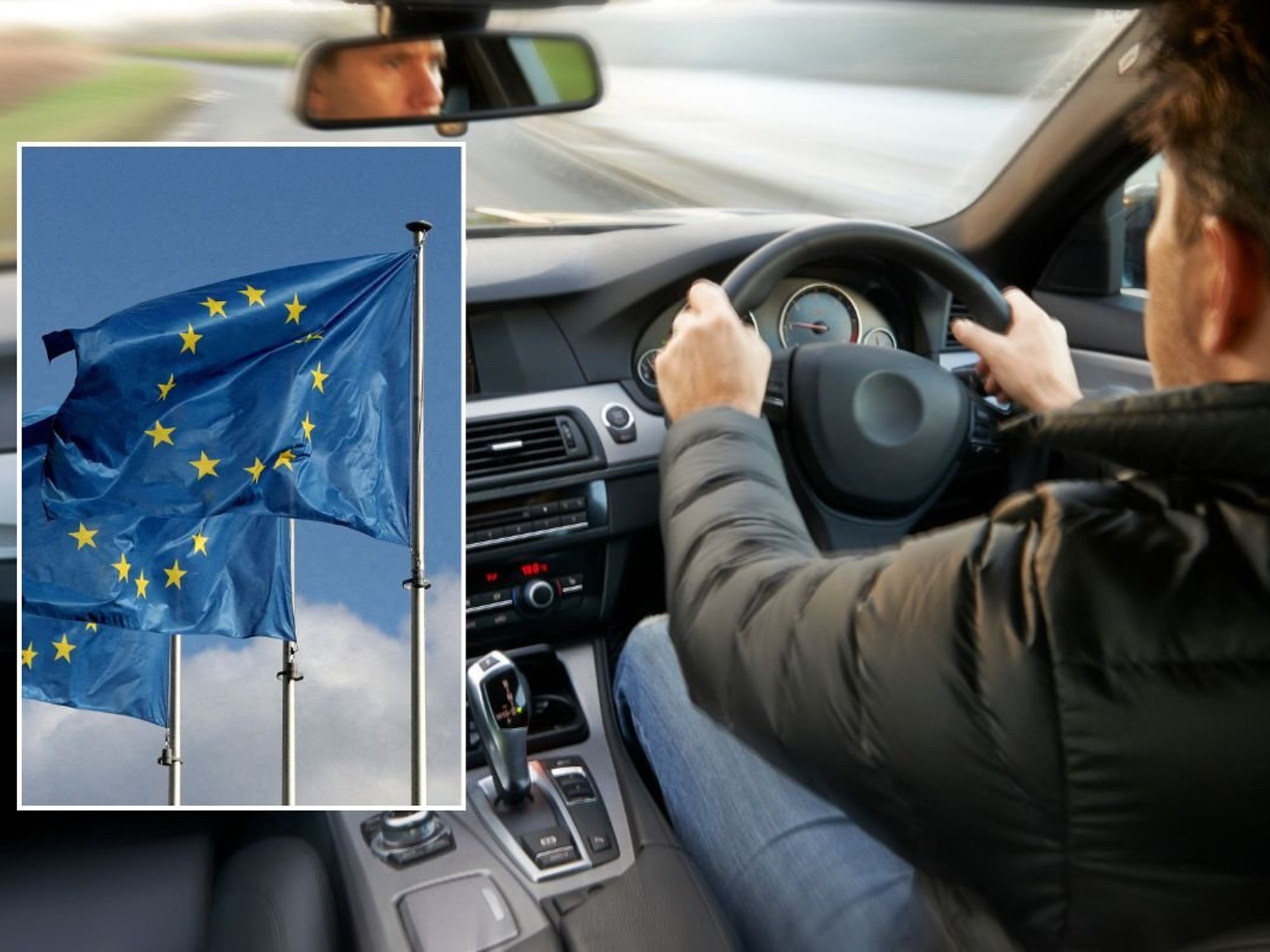 EU flags and a man driving a car