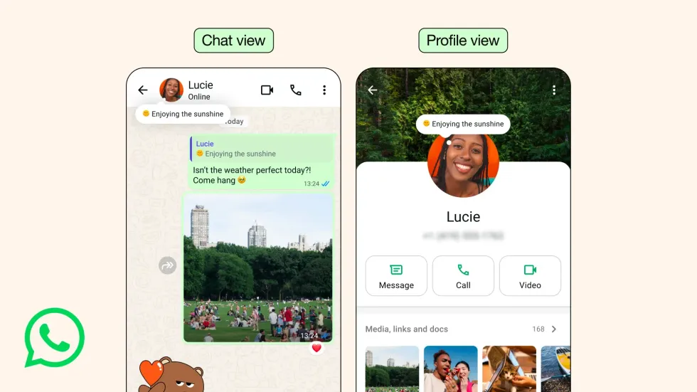 example of how the redesigned About status appears in the chat window and on users profiles