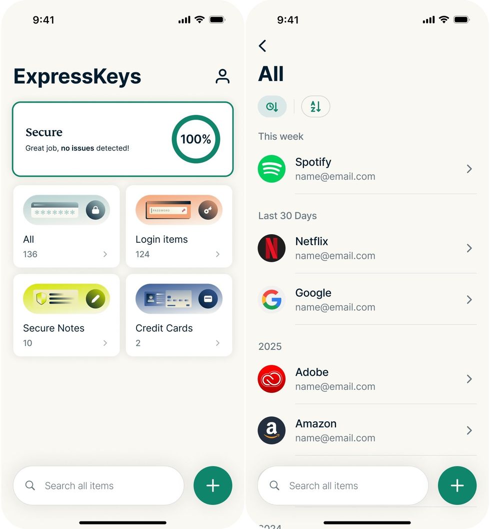 ExpressKeys screenshots on iPhone showing the main homescreen