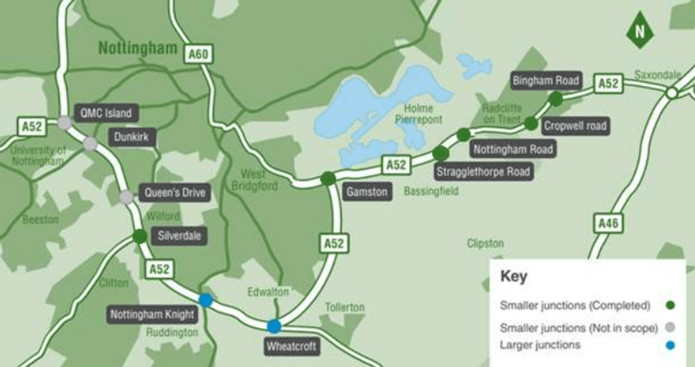 Extent of overall A52 Nottingham Junctions project