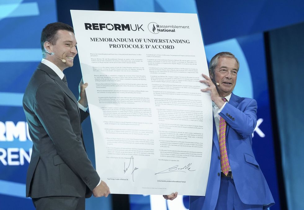 Farage and Bardella holding the massive contract