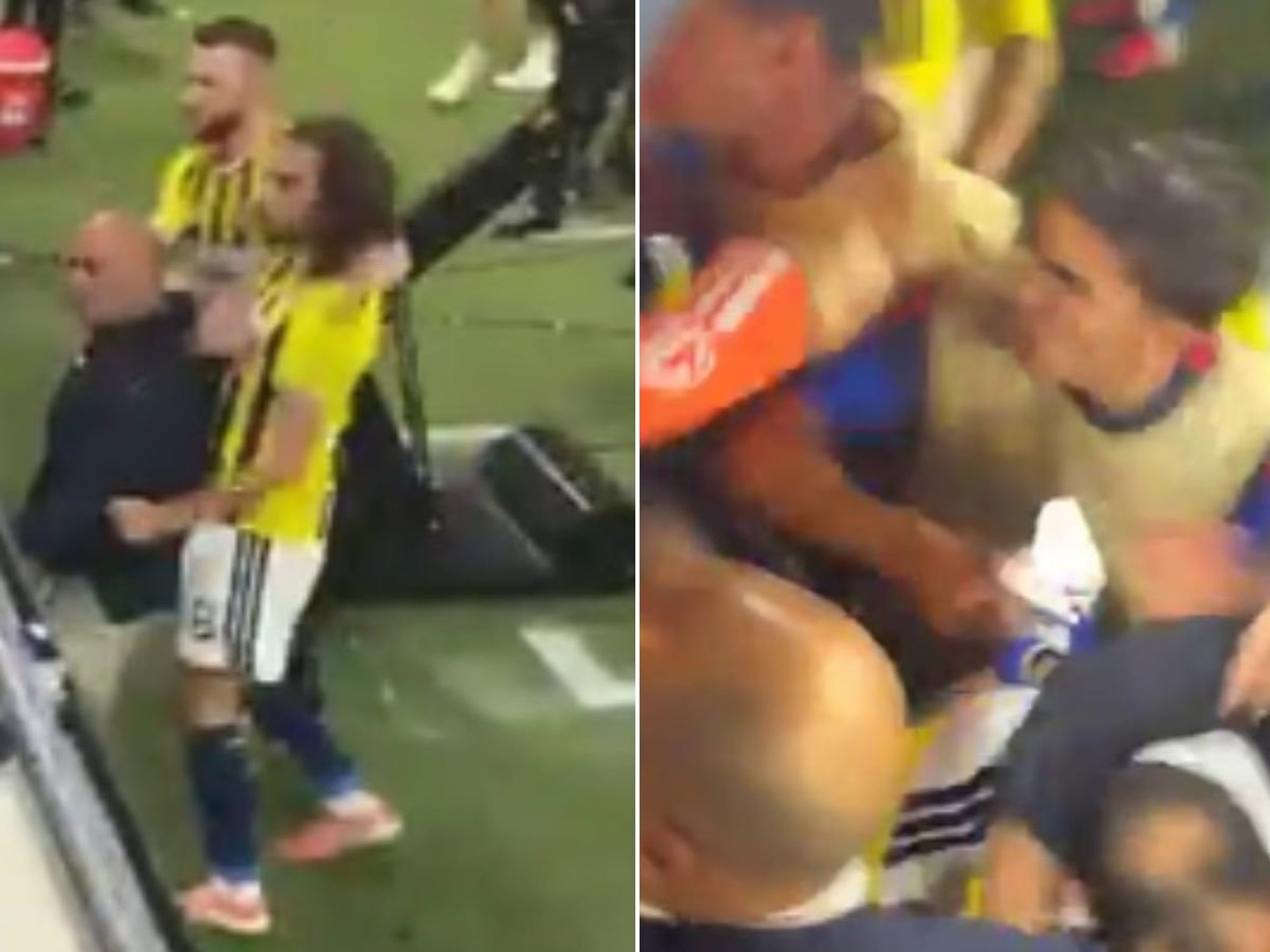 Former Arsenal star Matteo Guendouzi appeared to be targeted with a flying kick by a Lyon coach after provoking a furious post-match brawl during Fenerbahce’s dramatic Champions League triumph