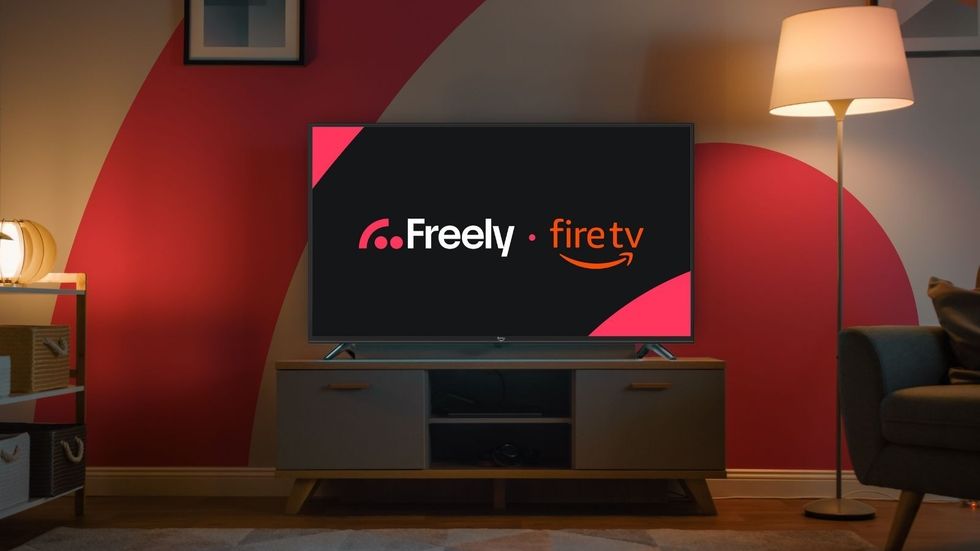 freely and fire tv logos shown side-by-side on a flatscreen tv with the frely logo in the background
