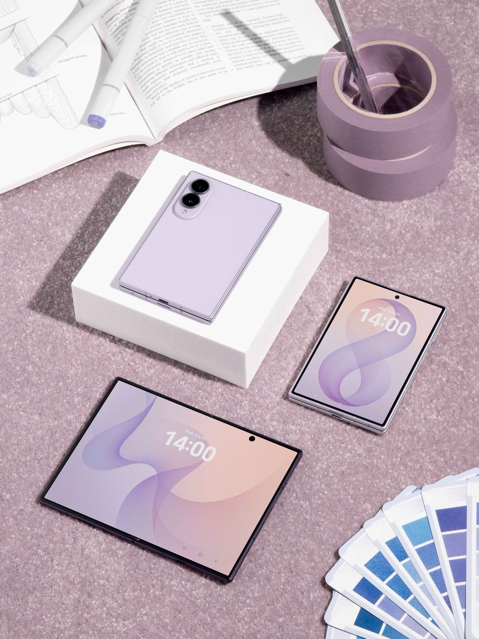 Galaxy Z Fold 8 pictured in Lavender opened and closed