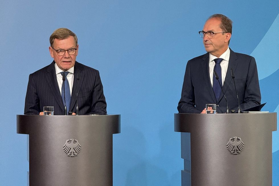 German Interior Minister Alexander Dobrindt and Foreign Minister Johann Wadephul holding a press conference in Berlin today