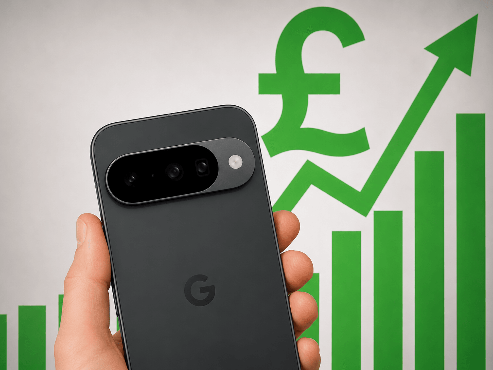 Google logo on mobile with price increase symbol in background