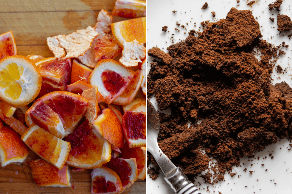 Grapefruit peels; ground coffee on white background next to a metal spoon