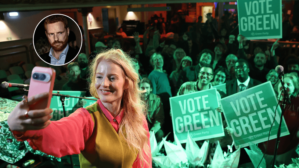 Green Party candidate and winner Hannah Spencer celebrates at an election rally ahead of Gorton and Denton by-election