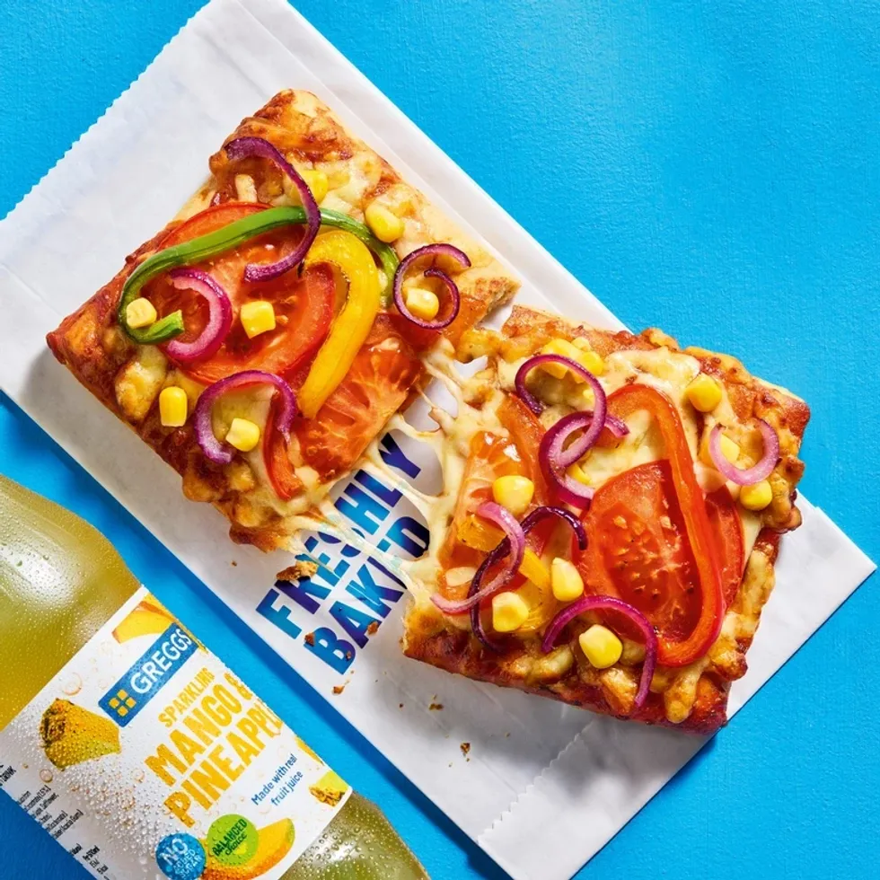 Greggs Pizza and  Mango drink