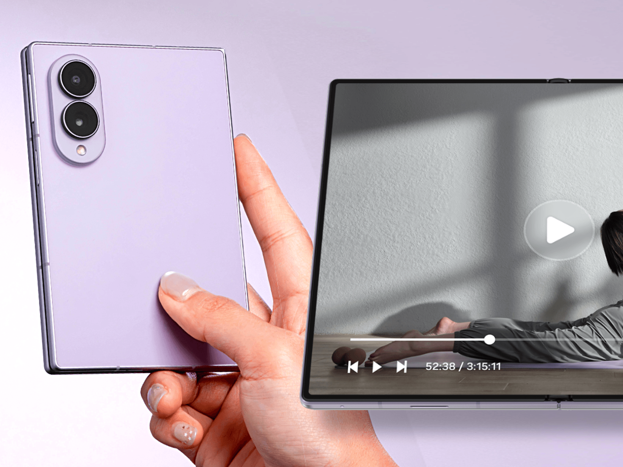 Hand holding Galaxy Z Fold 8 closed with an inset of the handset open to show the new Fold 8 screen