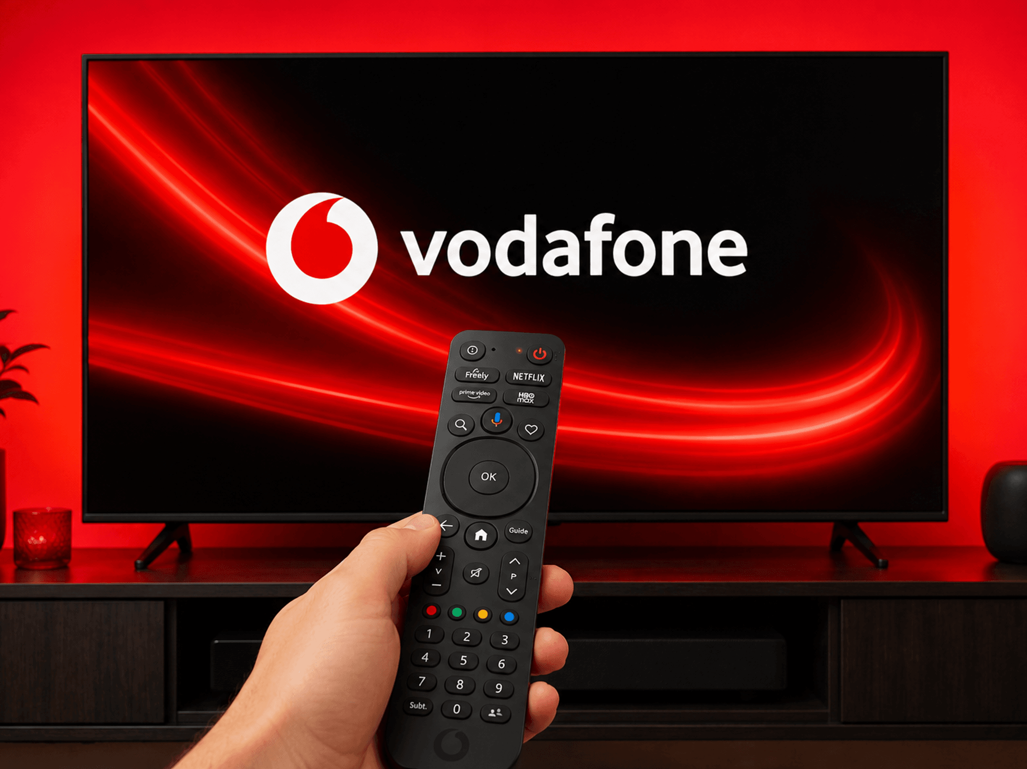 Hand holding remote pointing at the TV with a Vodafone logo on the screen