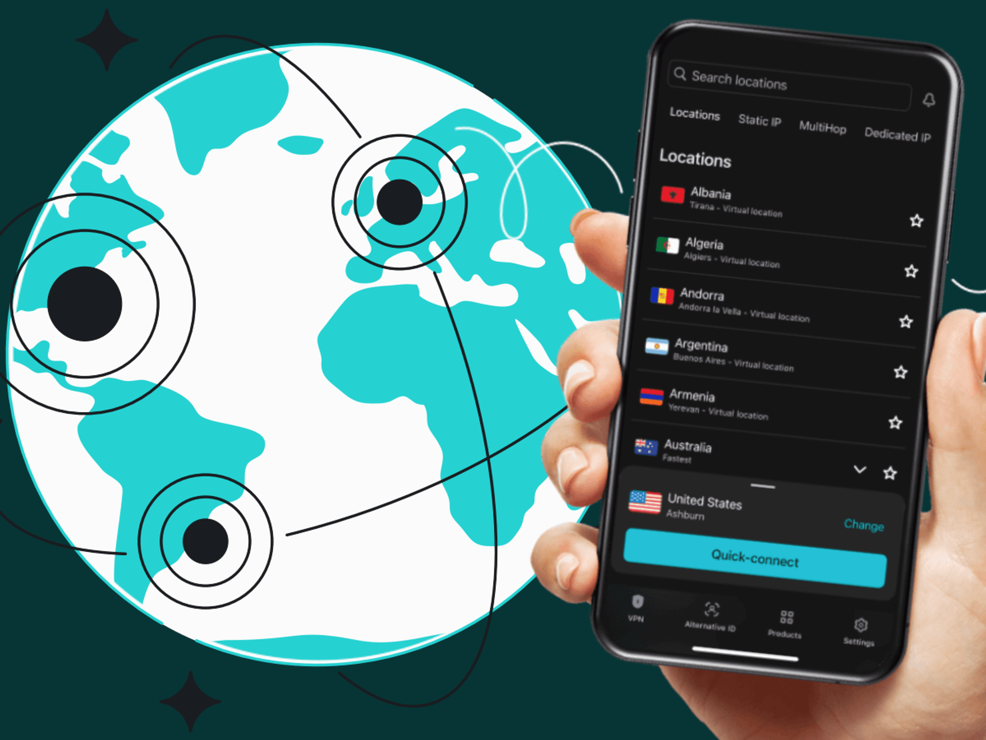 hand holding the surfshark app with an illustration of the planet in the background