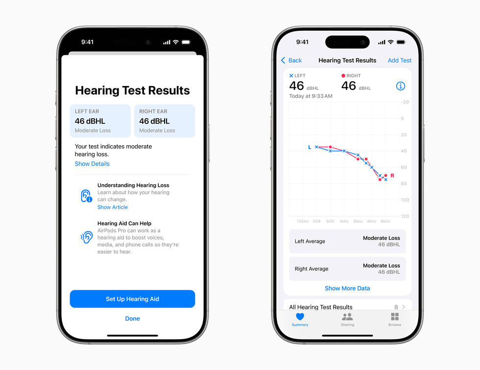 hearing aid test results shown on an iPhone side by side
