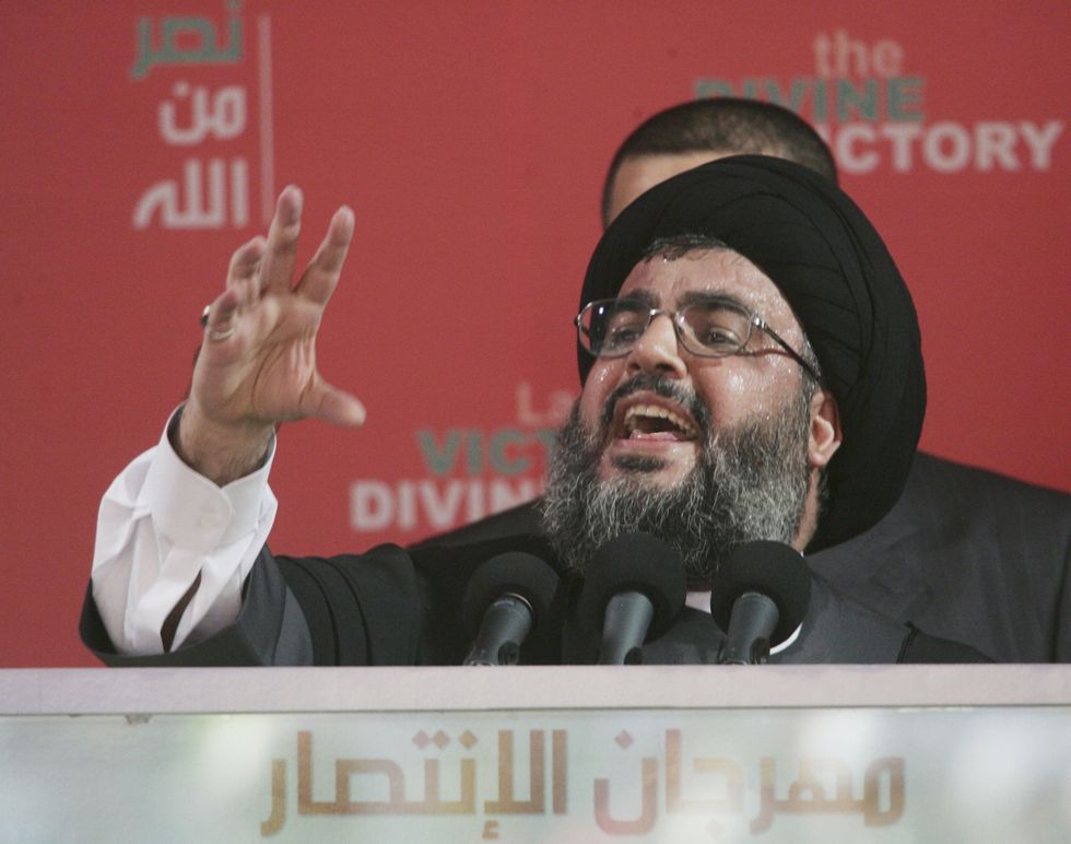 Hezbollah leader Sayyed Hassan Nasrallah speaks at a rally September 22, 2006 in Beirut, Lebanon
