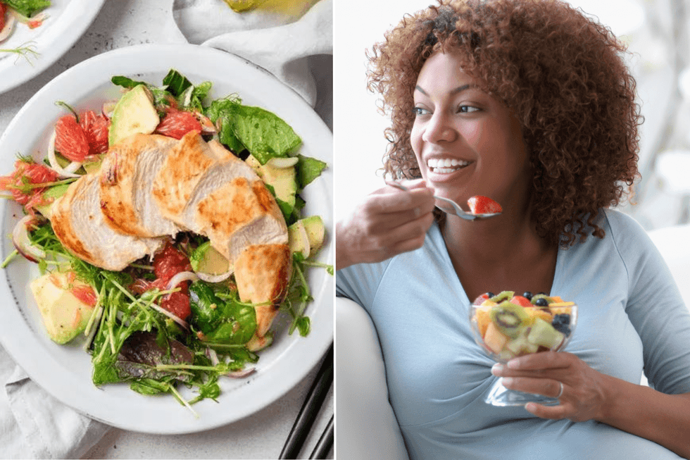 High protein chicken salad / woman eating fruit