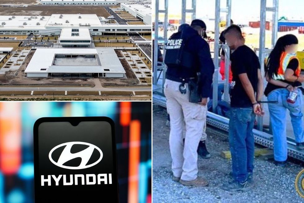 Hyundai's plant in Georgia, a Hyundai logo and an ICE raid