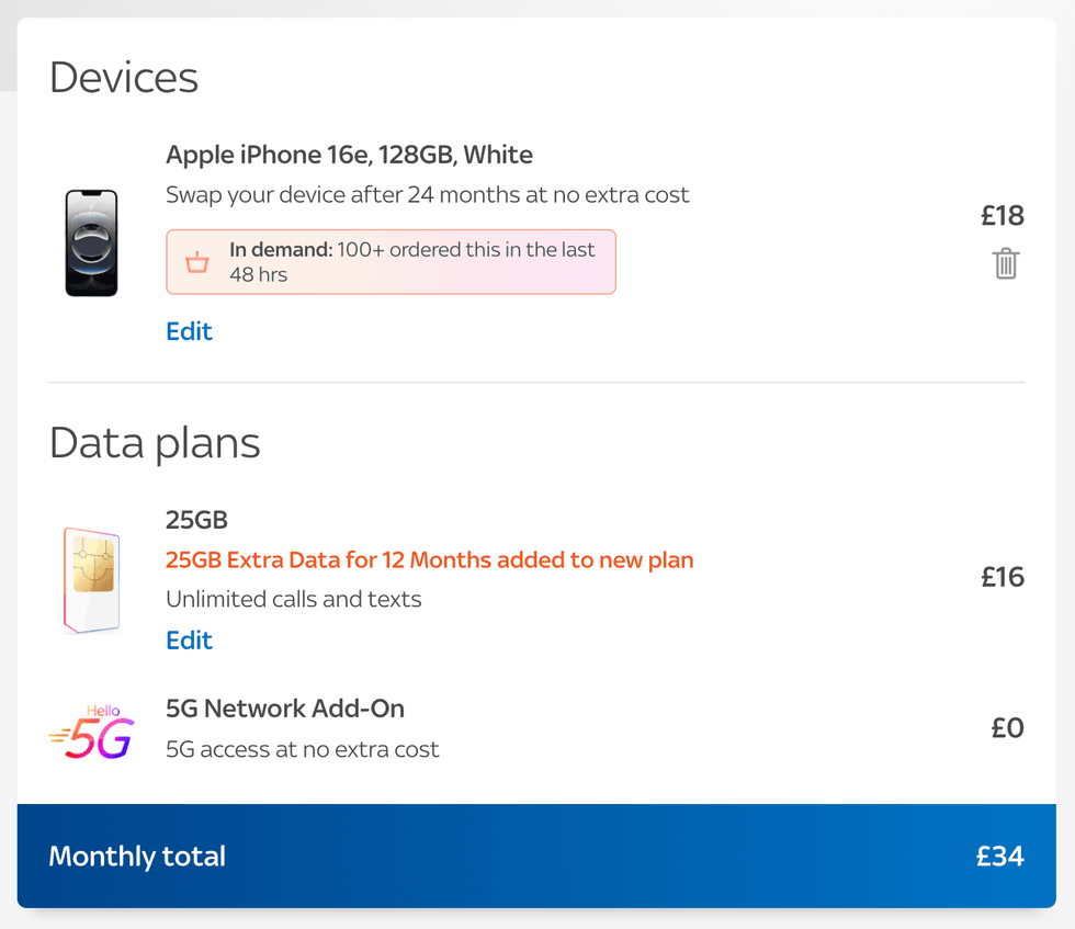 in demand warning in shopping basket on sky mobile