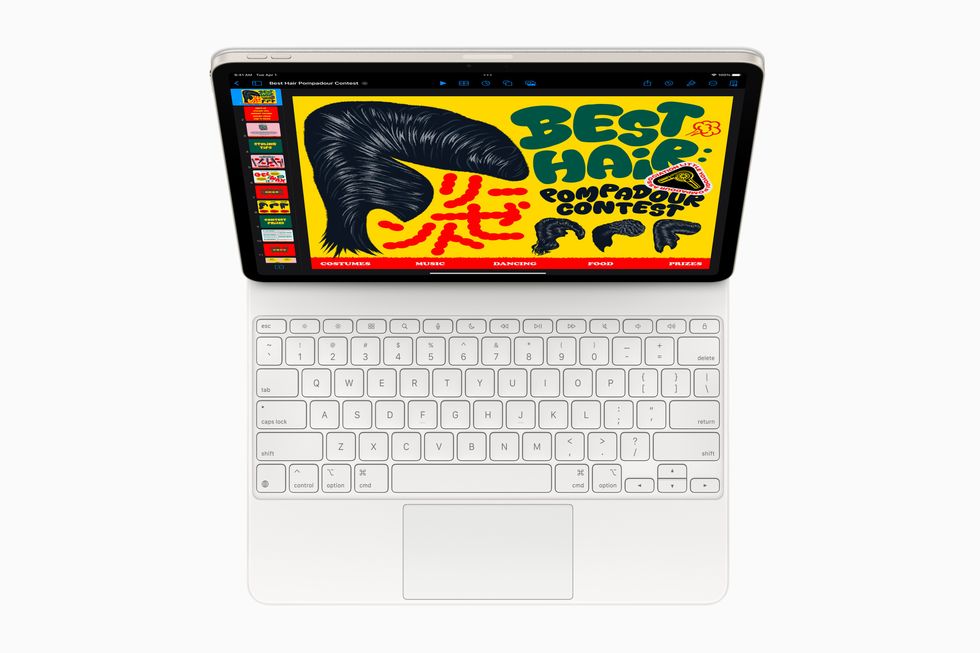 iPad Air attached to a Magic Keyboard in white viewed from top-down