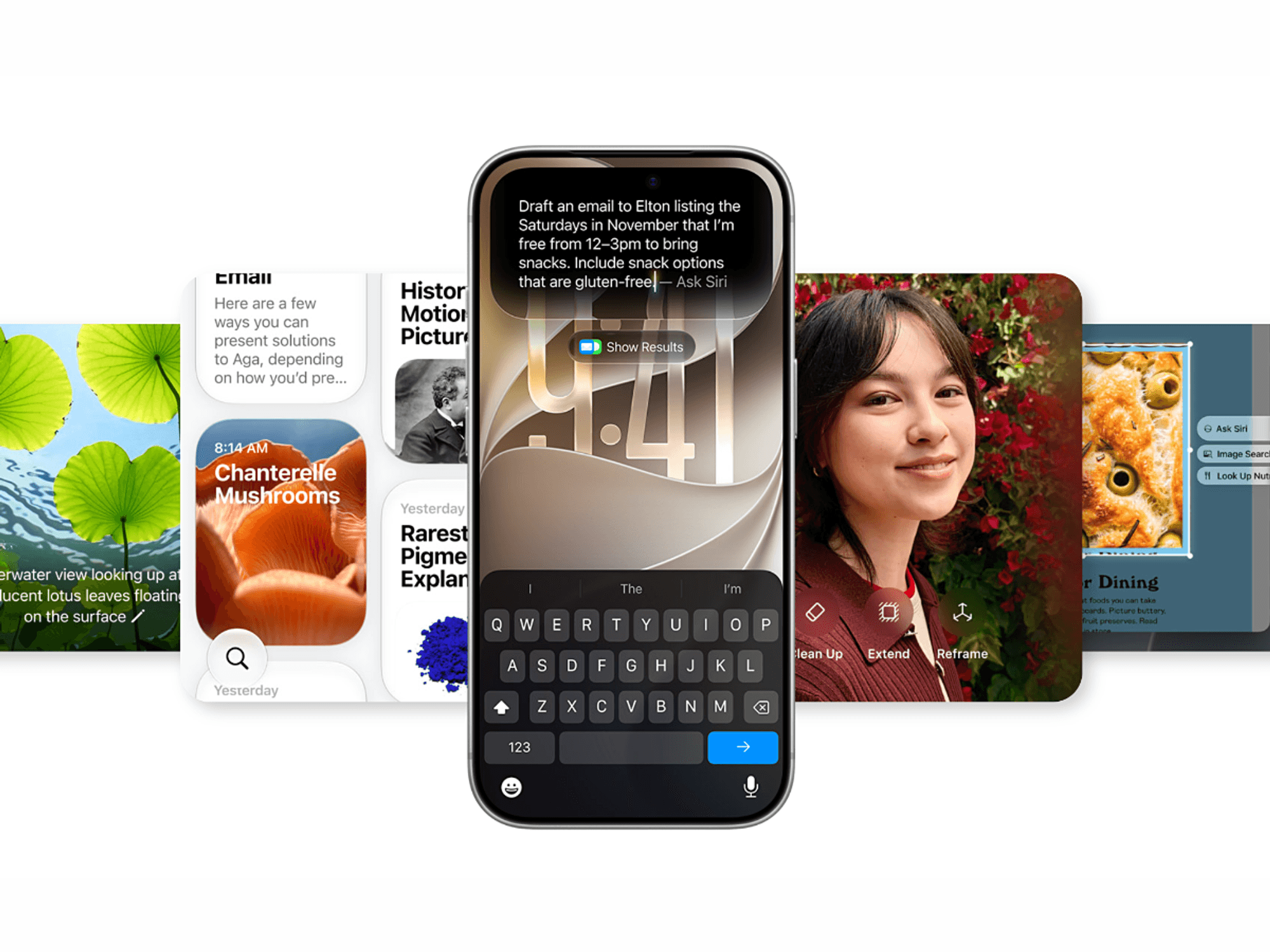 iPhone pictured with a variety of new iOS 27 features surrounding it