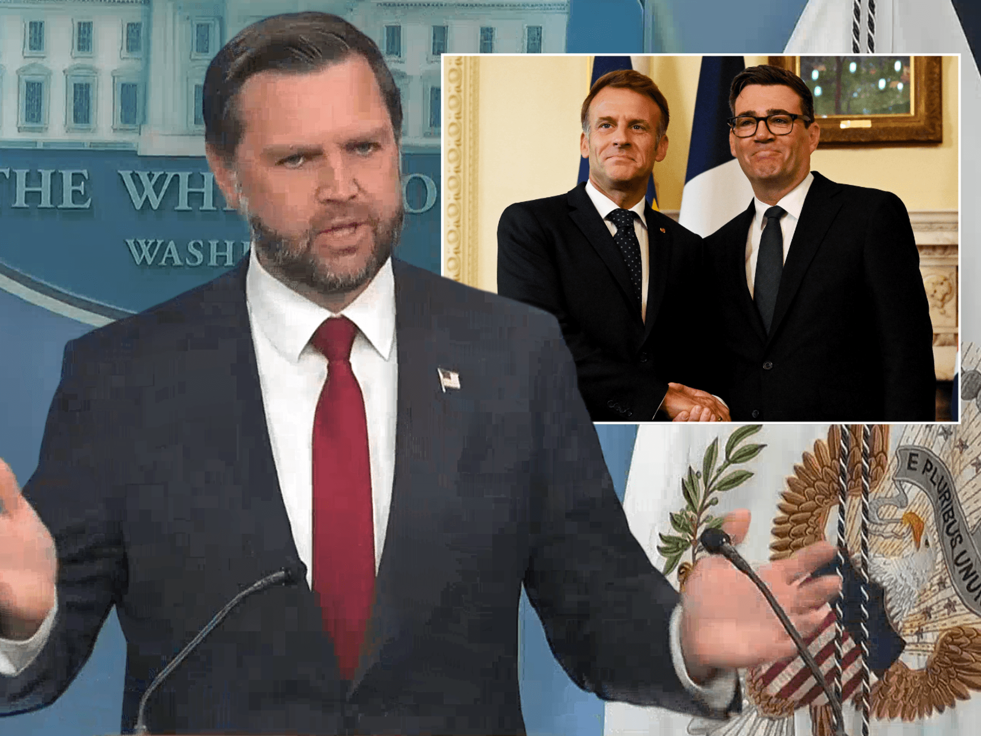 JD Vance, insert: Andy Burnham, Emmanuel Macron