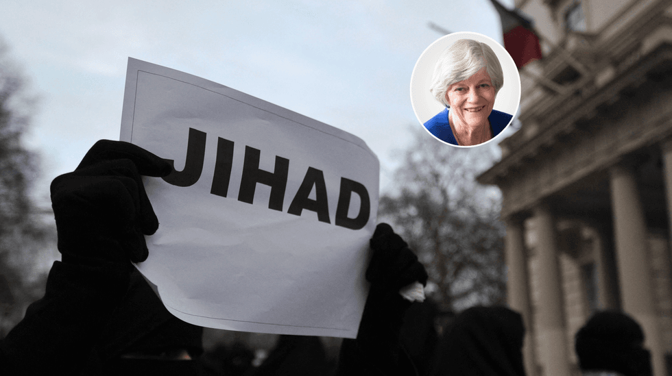 Jihad protest (left), Ann Widdecombe (right),