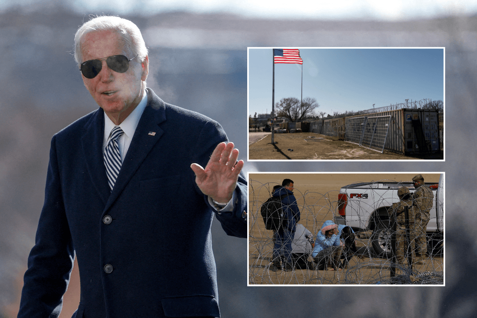 Joe Biden with inset of migrants on the US border