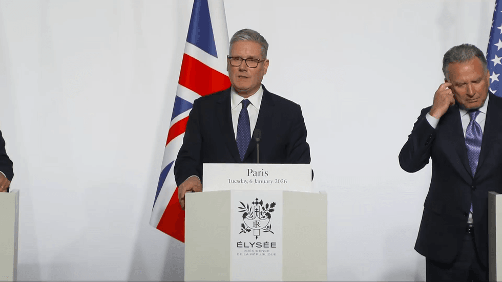 Keir Starmer speaking at press conference in Paris