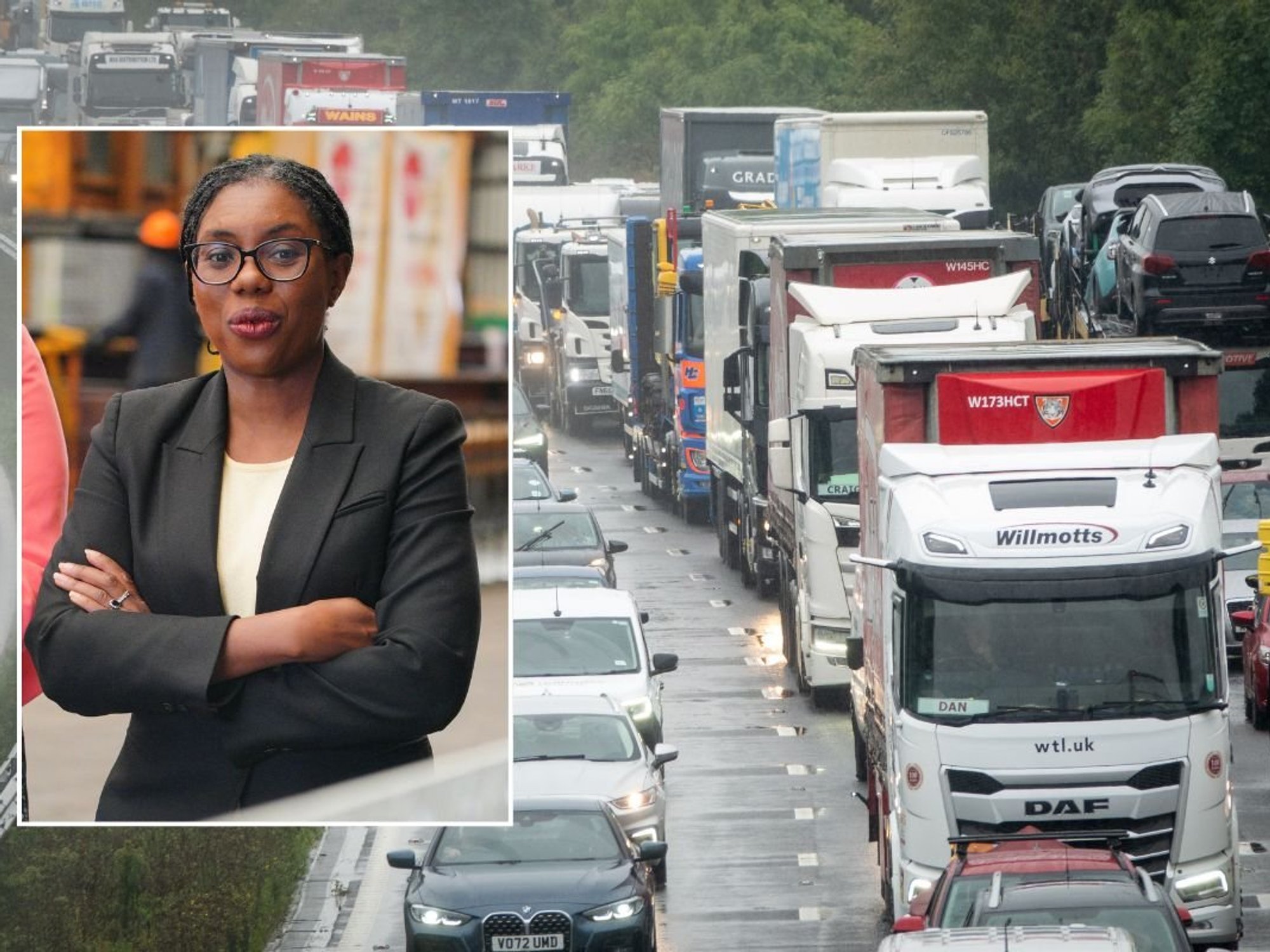 Kemi Badenoch and lorries in traffic