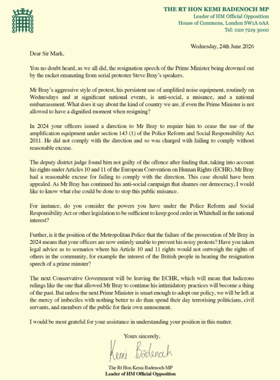 Kemi Badenoch's letter