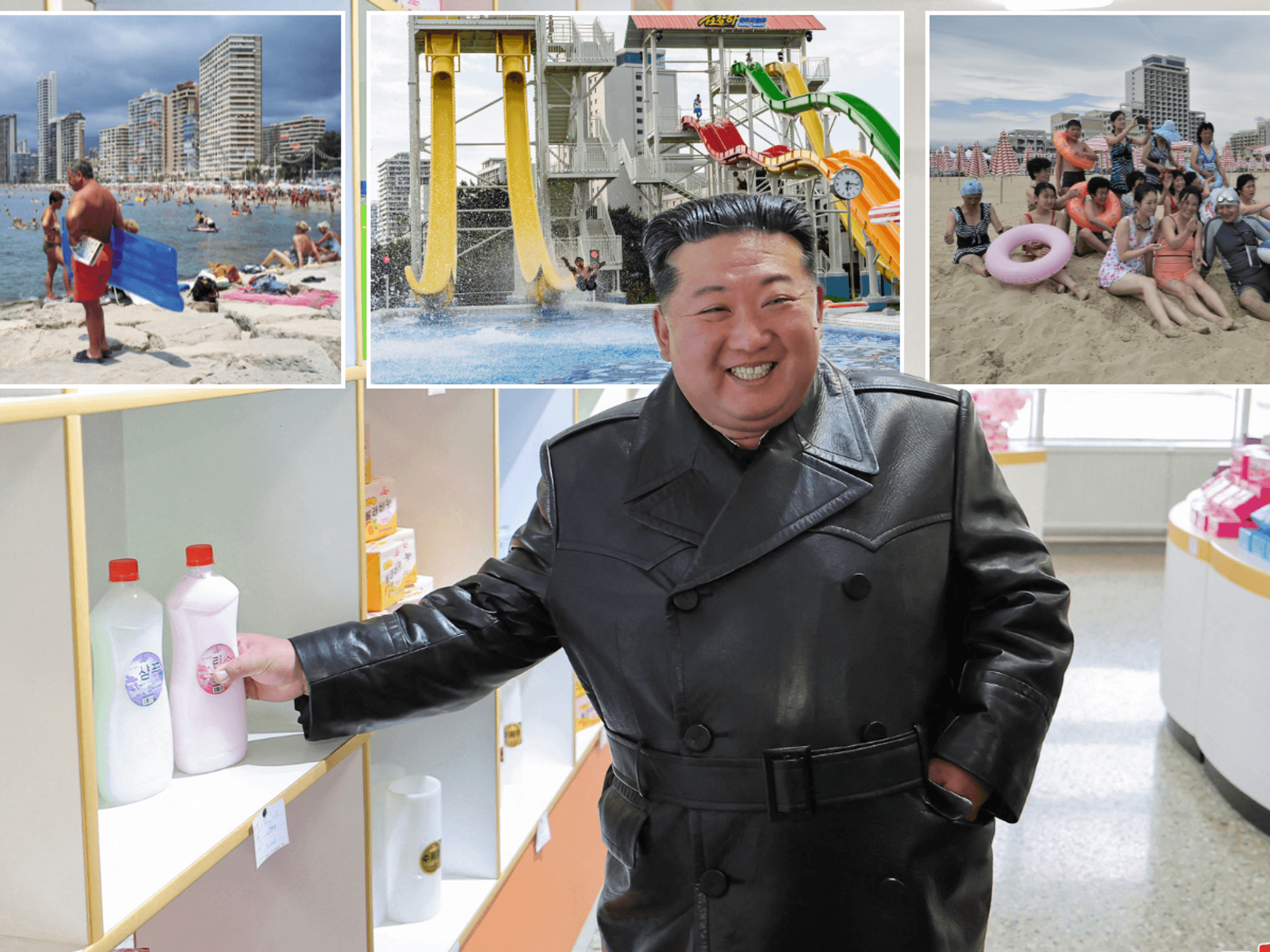 Kim Jong-un with inset pictures of Wonsan-Kalma resort and Benidorm