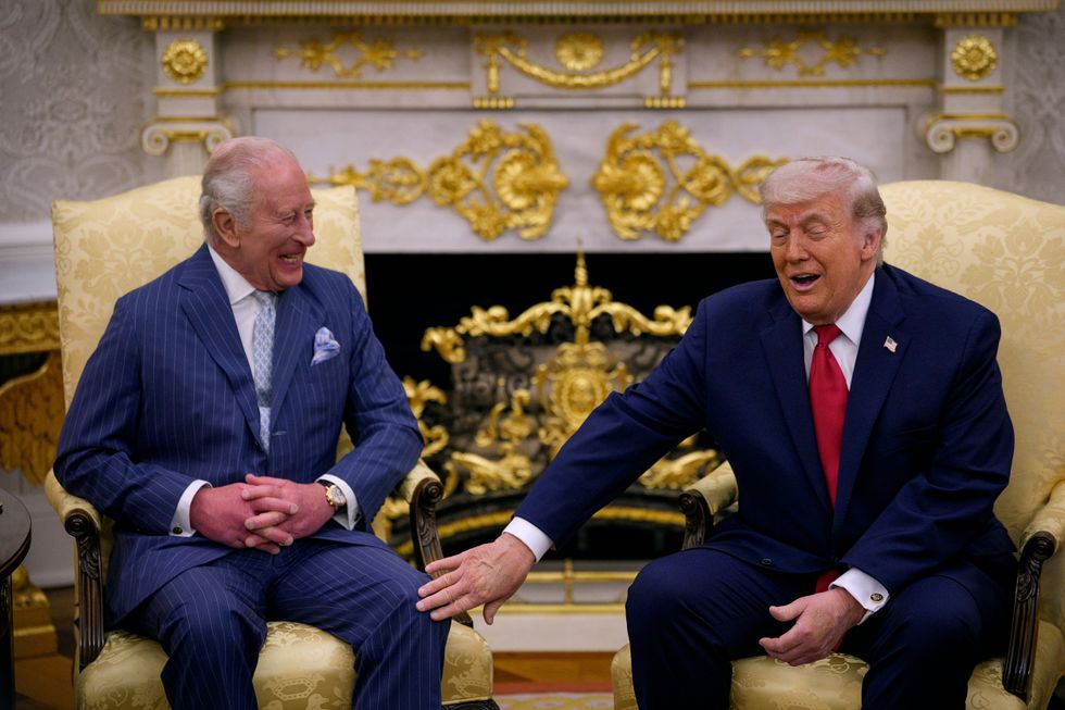King Charles III sits with Donald Trump at the Oval Office on his State Visit ahead of the 250th anniversary of American independence