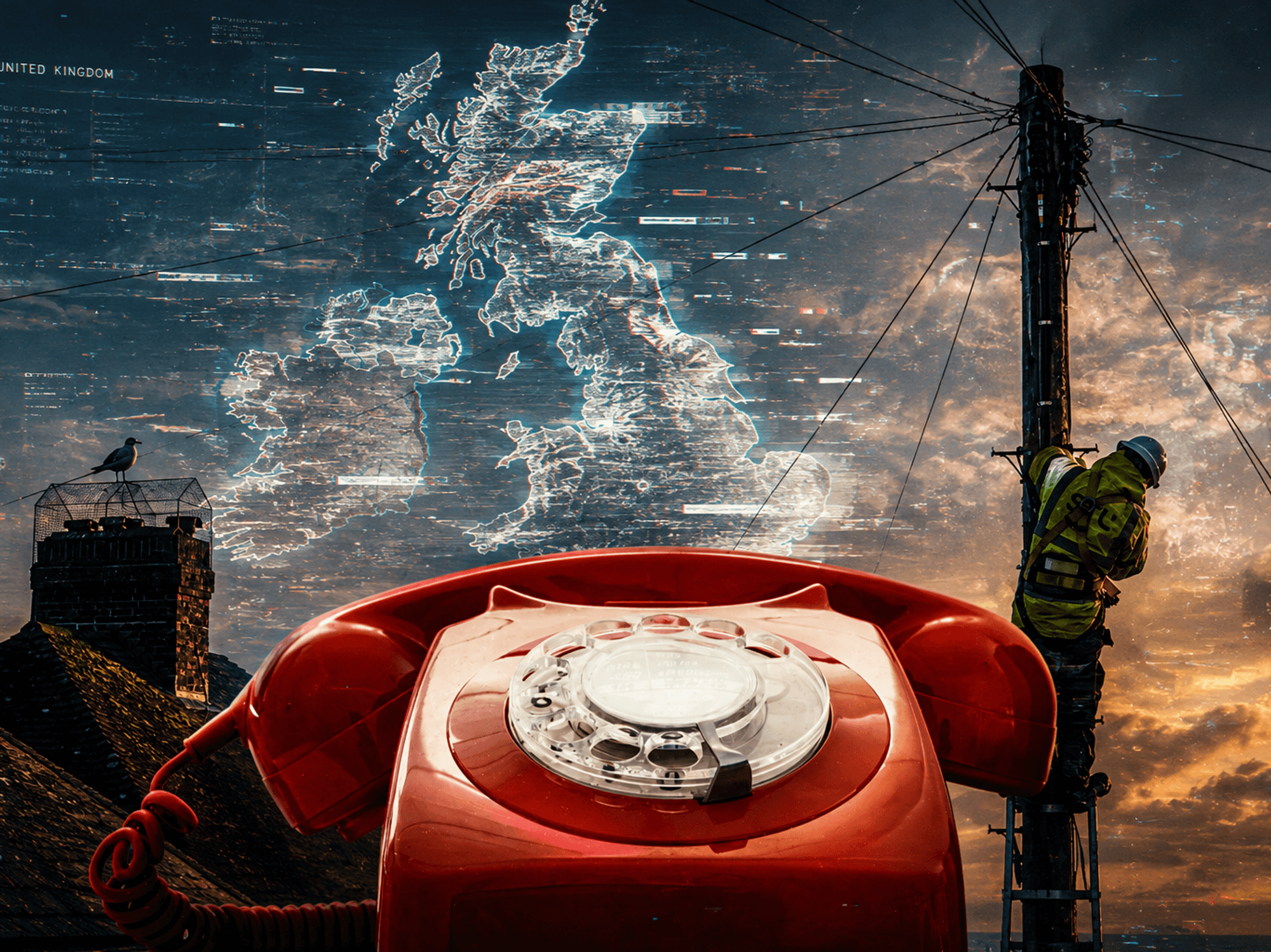 landline phone in red at the front of the image with engineer working on telecom cables in the background