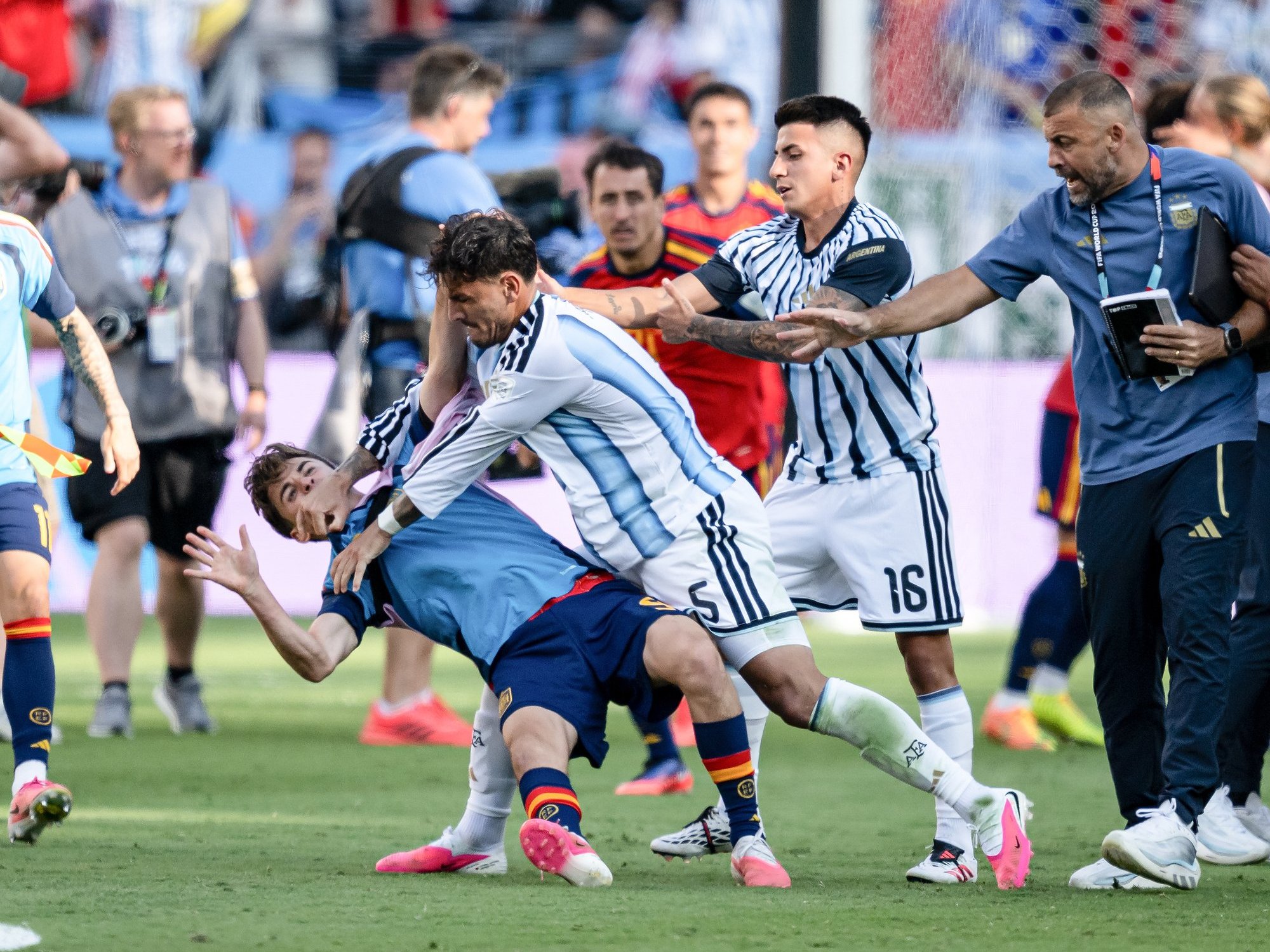 Leandro Paredes was among several players involved in an on-field confrontation following Ferran Torres' extra-time winner