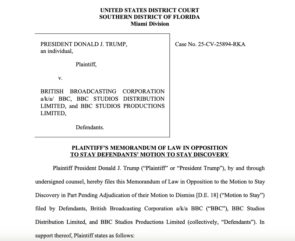 Legal papers for BBC v Donald Trump