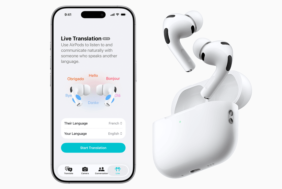 Live Translation feature shown on an iPhone, with the AirPod Pro 3 shown on the right