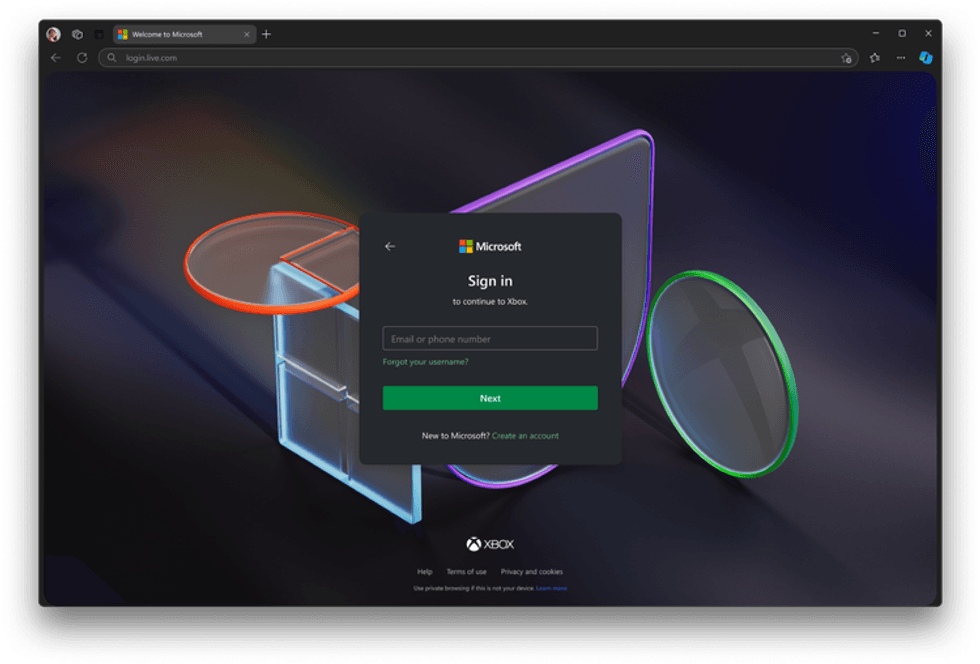 Login screen for Microsoft account online