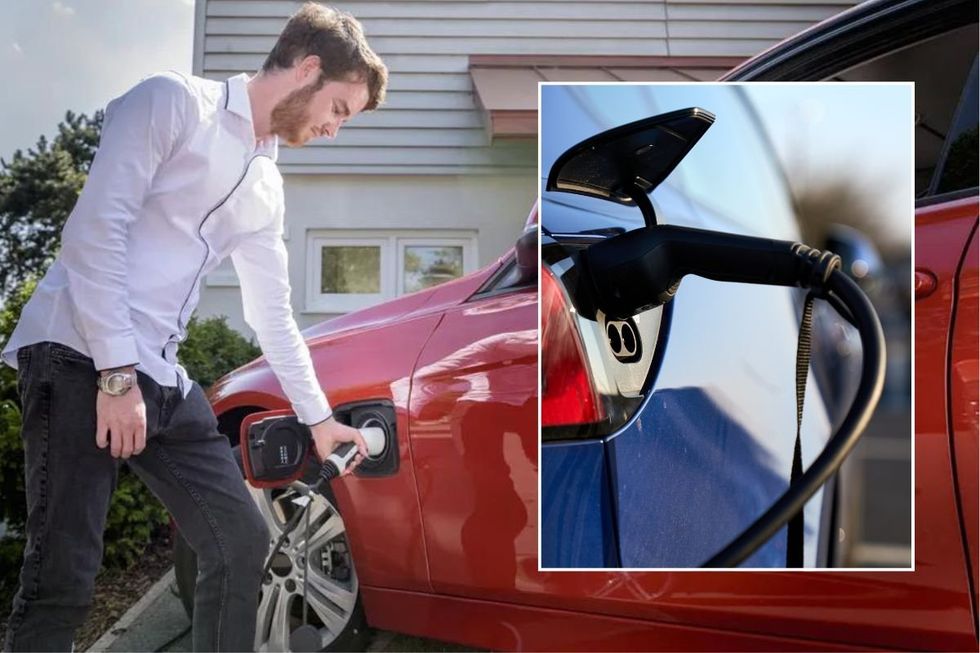 Man charging an electric car and an EV charger