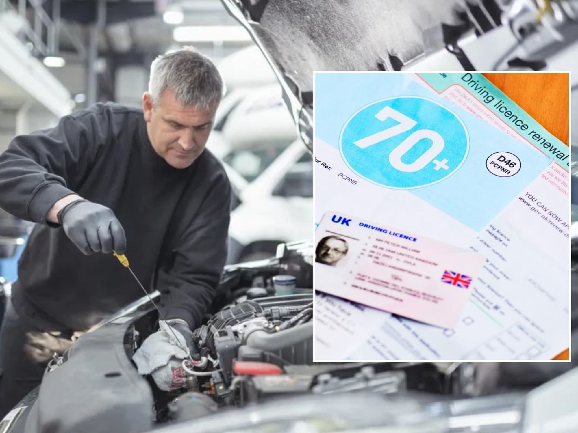 Man conducting an MOT test and a driving licence renewal application form