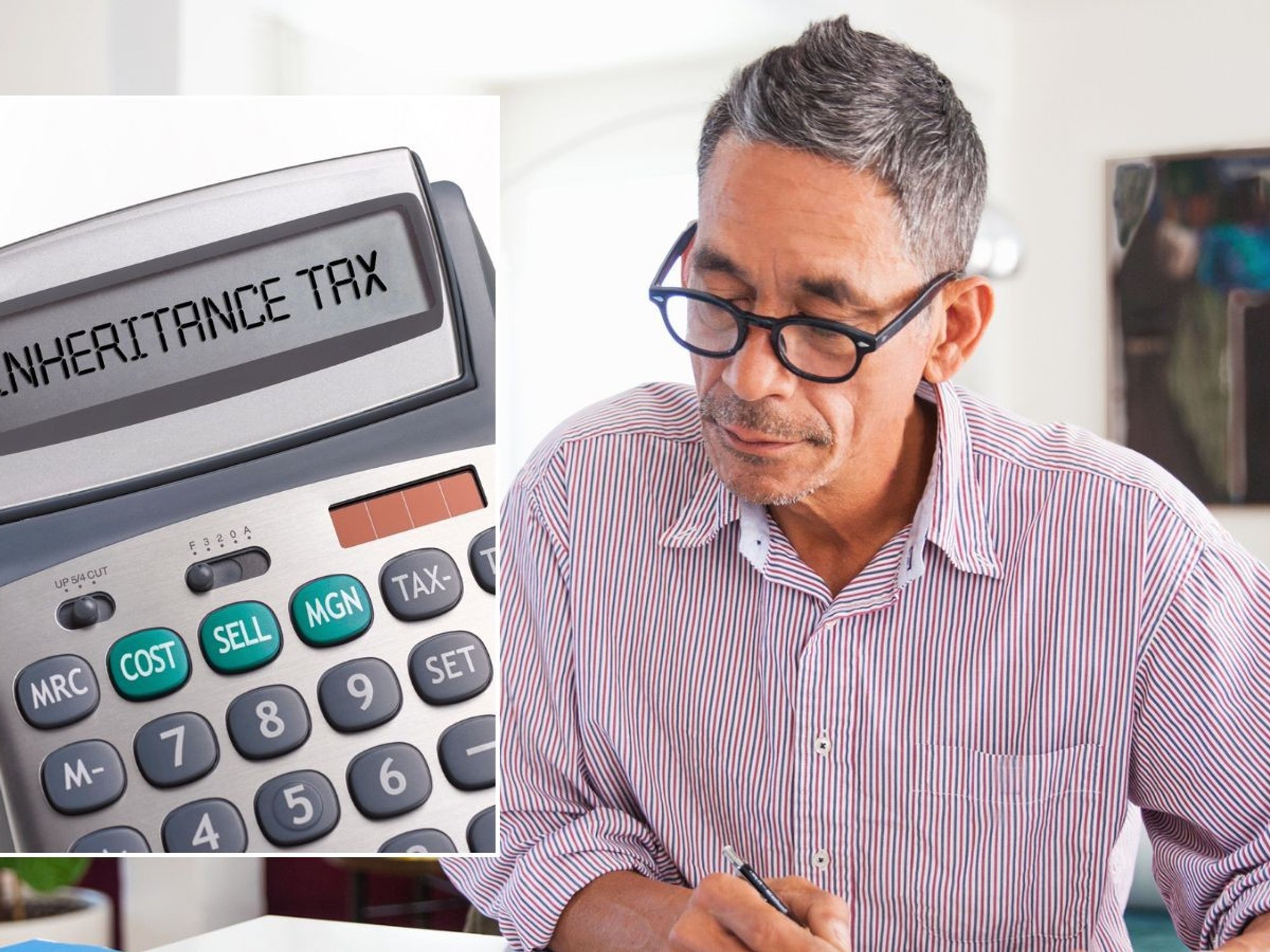 Man going over finances and inheritance tax on calculator