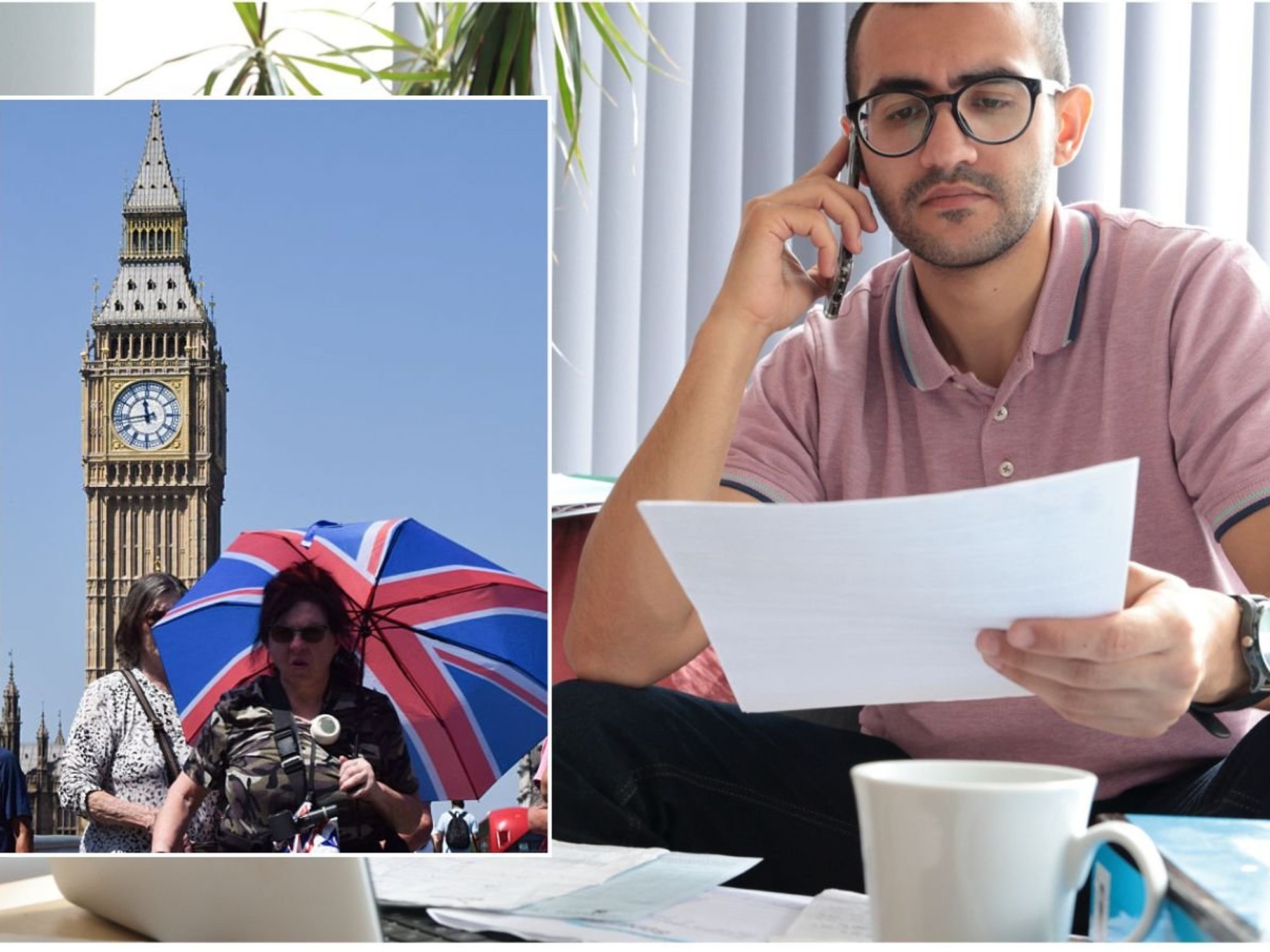 Man looking at bill and heatwave hitting Westminister