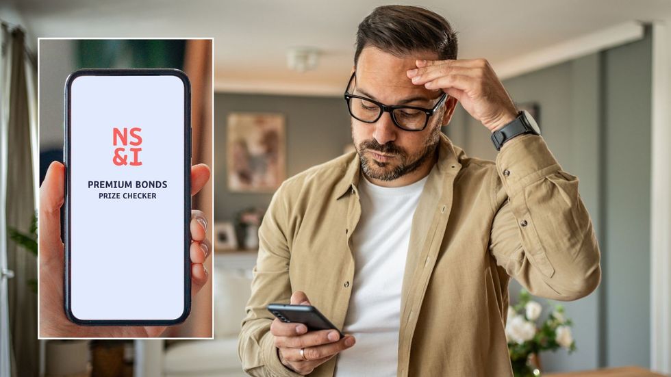 Man looking worried and Premium Bonds on phone