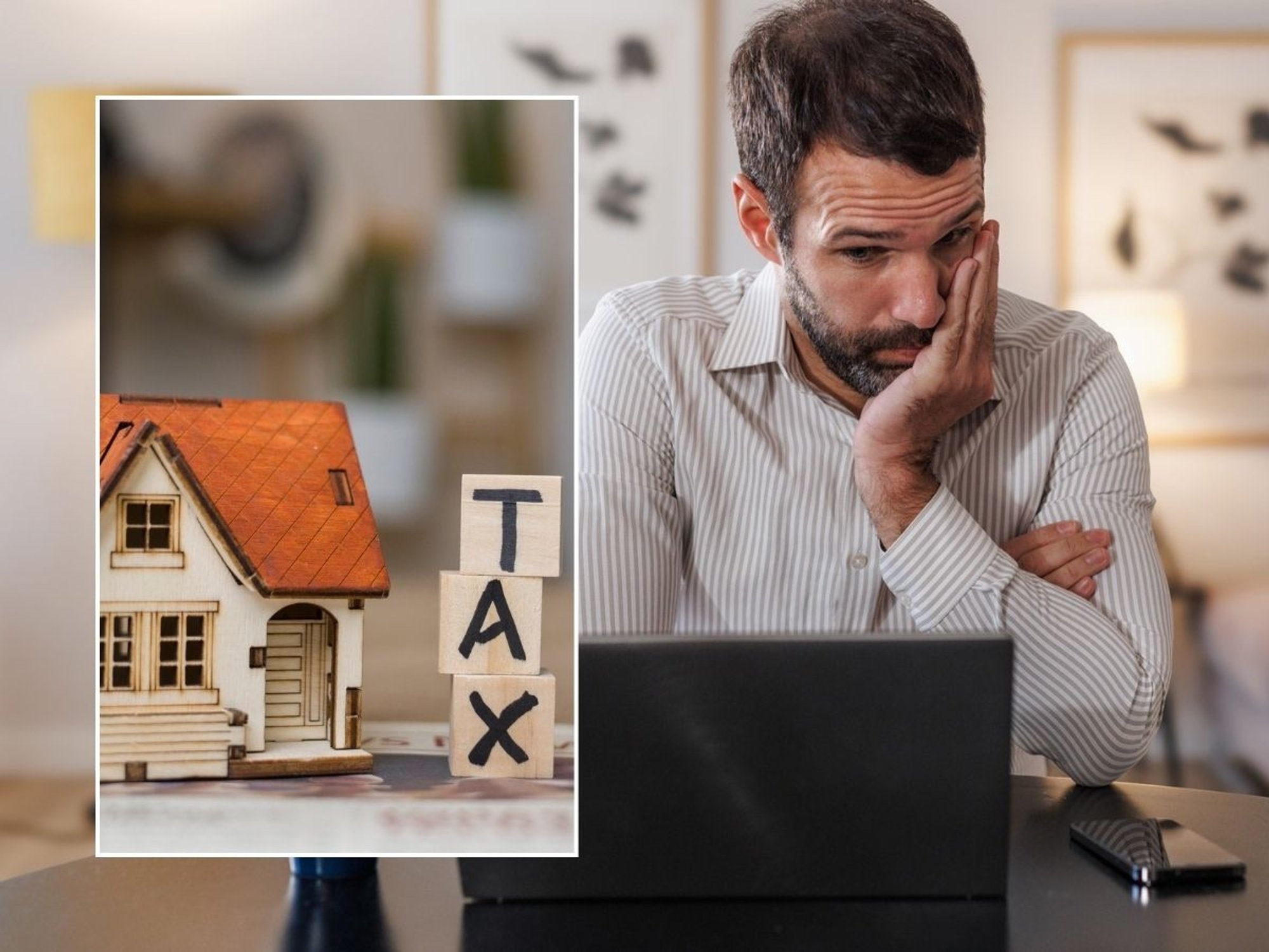 Man looking worried and tax sign