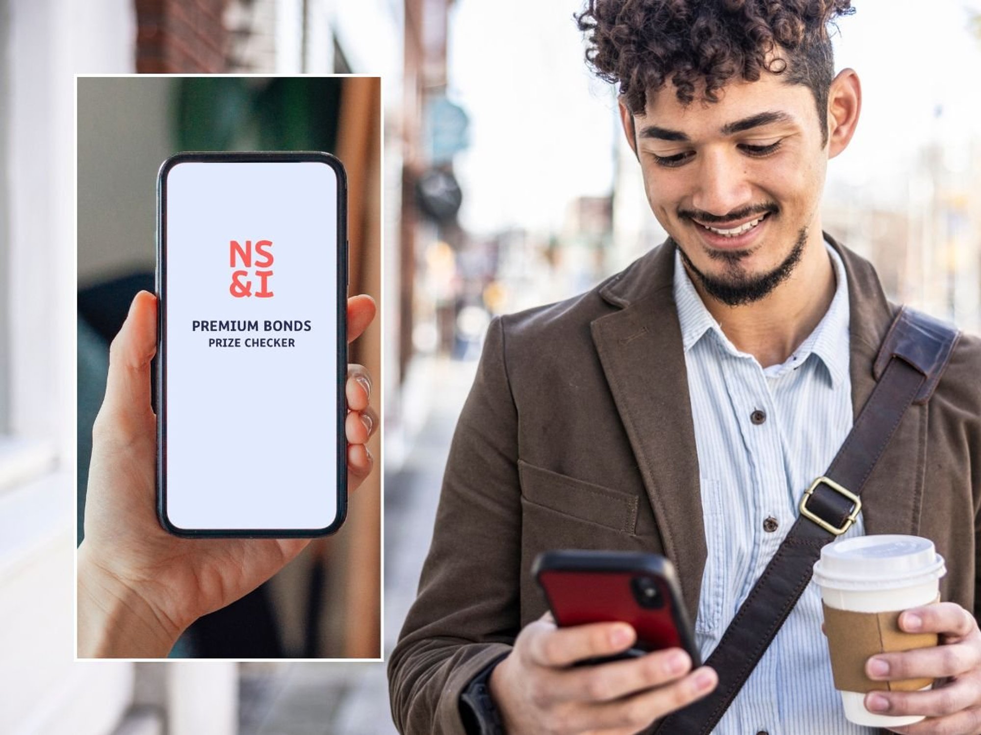 Man on phone and NS&I Premium Bonds prize checker